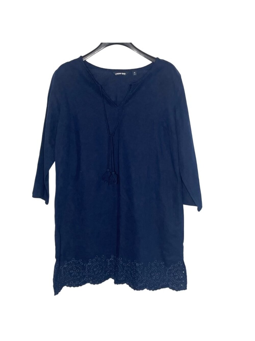 Lands' End Eyelet Lace Tassel Tie Linen Blend Swim Cover Sz MED (10-12) Boho